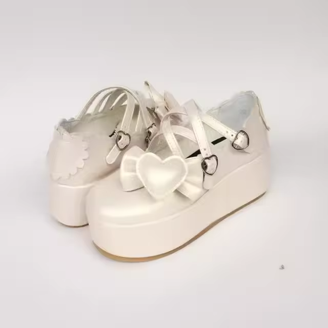 High Platform White Heart Bow Lolita Shoes