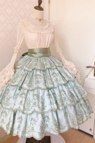 Embroidered Lily of the Valley Green Tiered Lolita Skirt