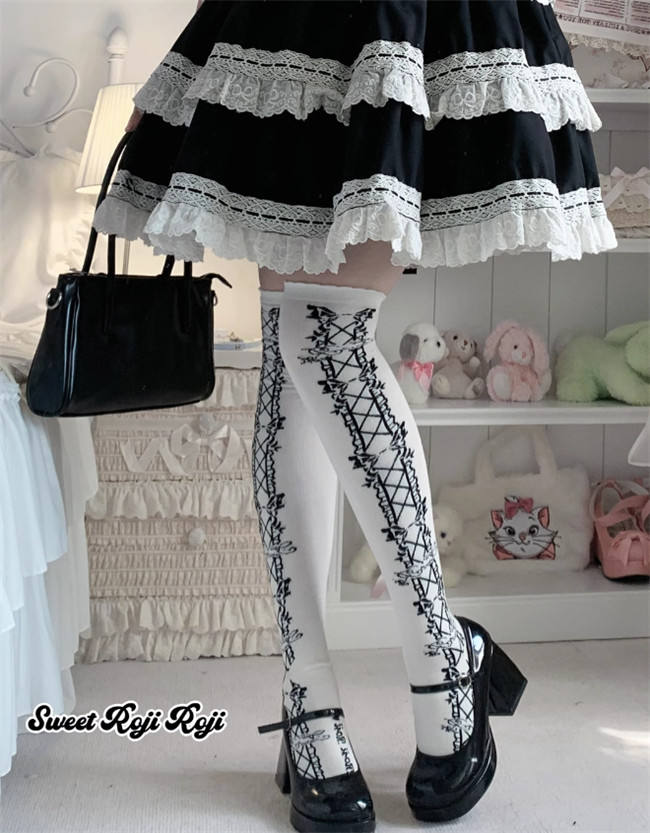 Roji Bowknots Ribbon Cotton Above Knee Lolita Socks