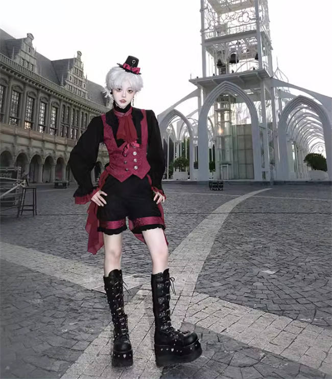 Castle Too Evil Twins Black Red Ouji Lolita Vest, Pants, Skirt and Tailing