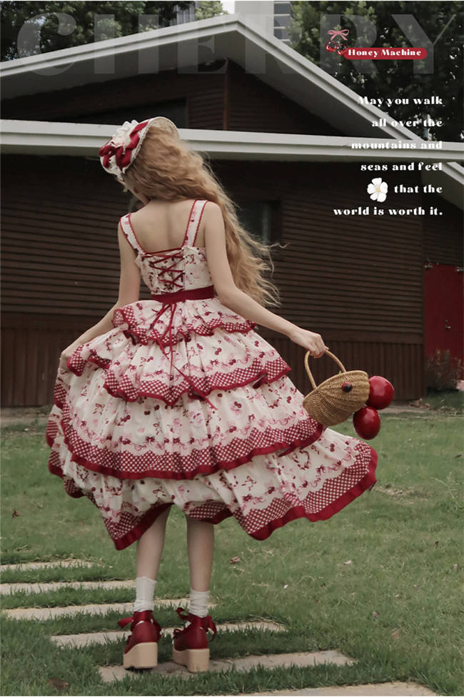 Honey Machine Ripe Cherry Classic Lolita Dress, Overdress, Hat and Bonnet