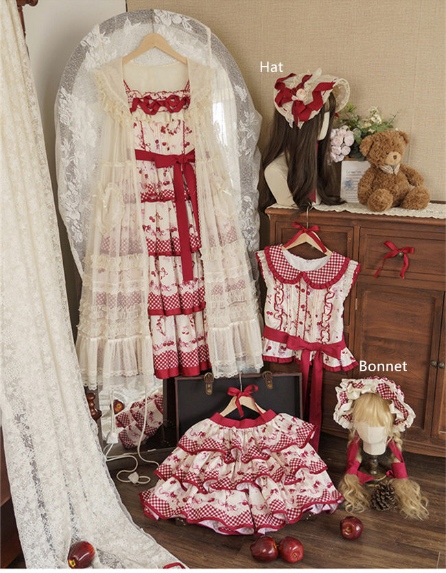 Honey Machine Ripe Cherry Classic Lolita Dress, Overdress, Hat and Bonnet