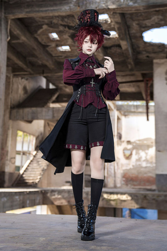 Princess Chronicles Red and Black Vintage Ouji Fashion Blouse,  Vest and Short Pants