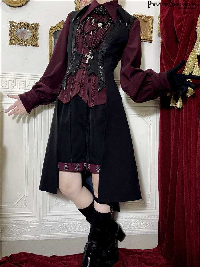 Princess Chronicles Red and Black Vintage Ouji Fashion Blouse,  Vest and Short Pants