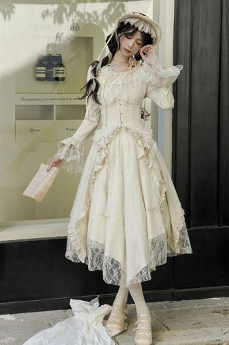 Withpuji White Tea Beige Irregular Dress and Fishbone Corset