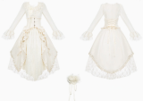 Withpuji White Tea Beige Irregular Dress and Fishbone Corset