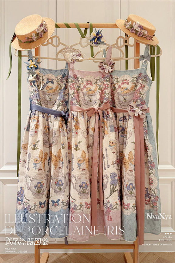 NyaNya Lolita Illustration De Porcelain Iris Lolita Dress