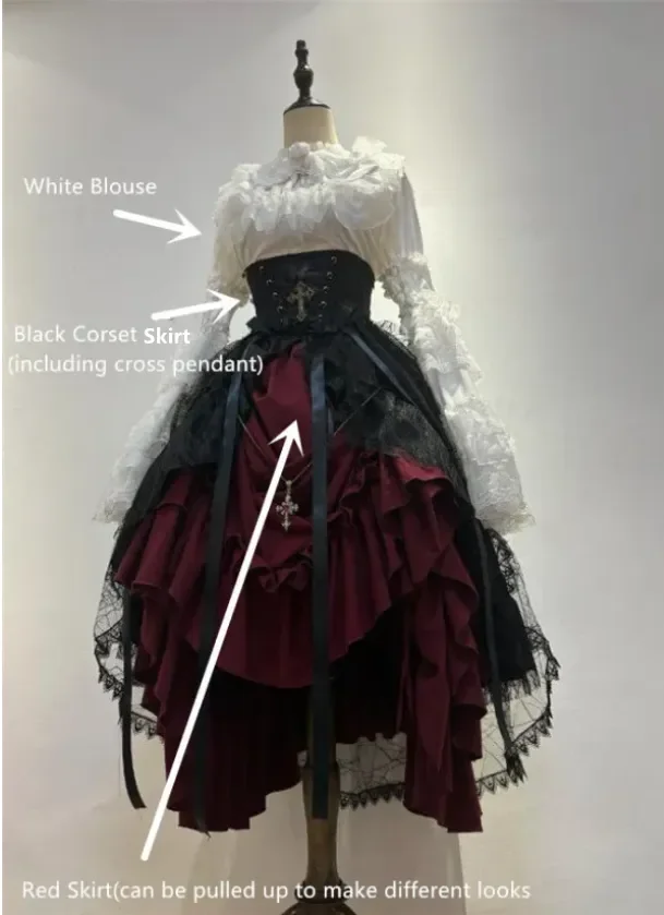 Nightingale Maiden Immortality Taboo Gothic Lolita Skirt, Tailing Corset and Blouse