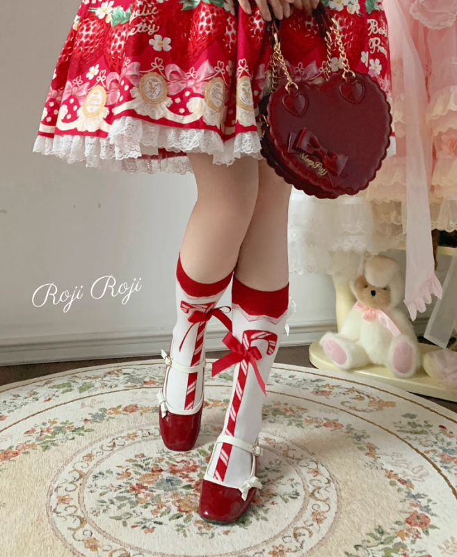 Roji Red White Cotton Lolita Short Socks