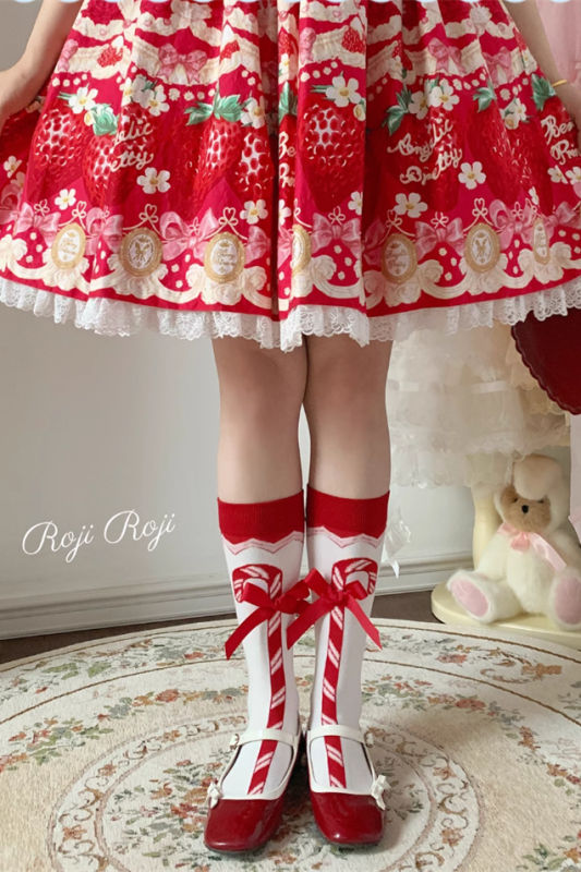 Roji Red White Cotton Lolita Short Socks