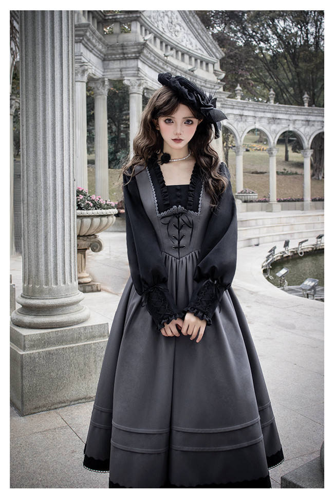 Withpuji Gray Black Fake Two Pieces Lolita Dress