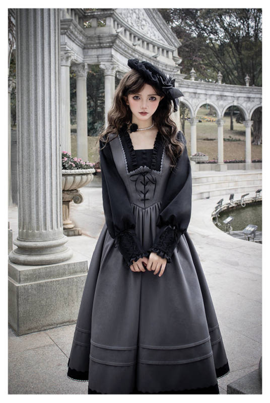 Withpuji Gray Black Fake Two Pieces Lolita Dress