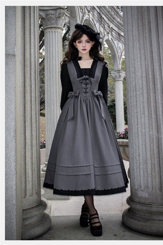 Withpuji Gray Black Fake Two Pieces Lolita Dress