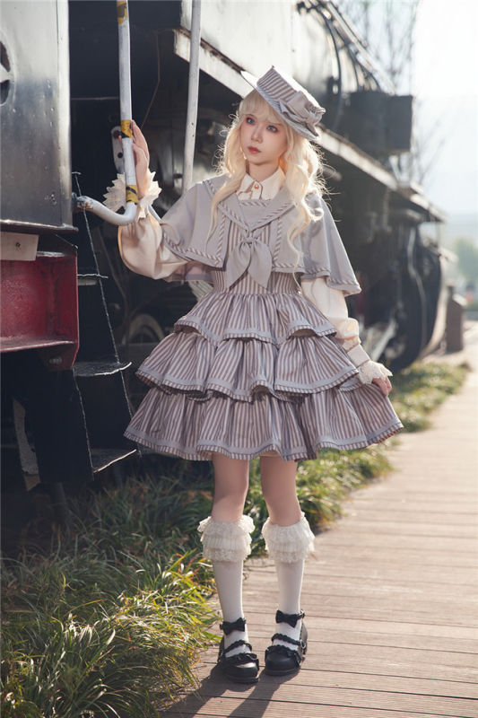 Infanta Stripe Tiered Lolita Jumper Dress, Cape and Blouse