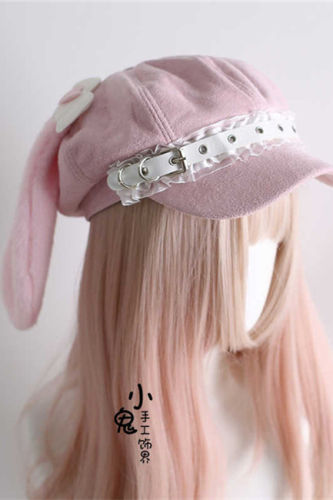 Pink Fur Rabbit Ears Lolita Beret