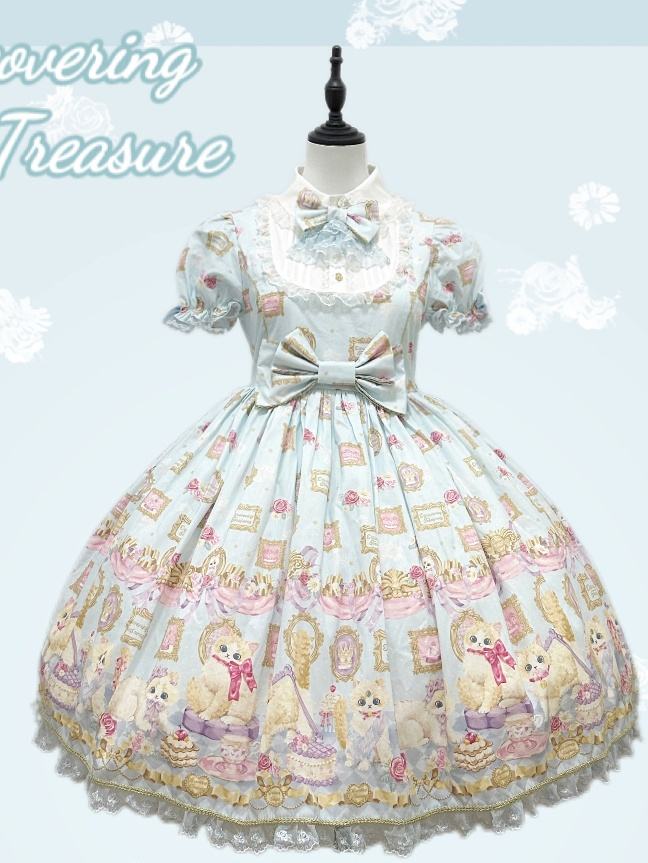 Discovering Treasure Picture Frame Cat Printed Lolita Dress