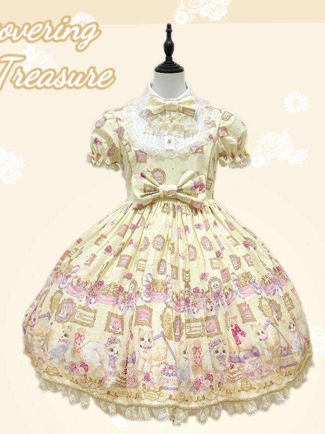 Discovering Treasure Picture Frame Cat Printed Lolita Dress