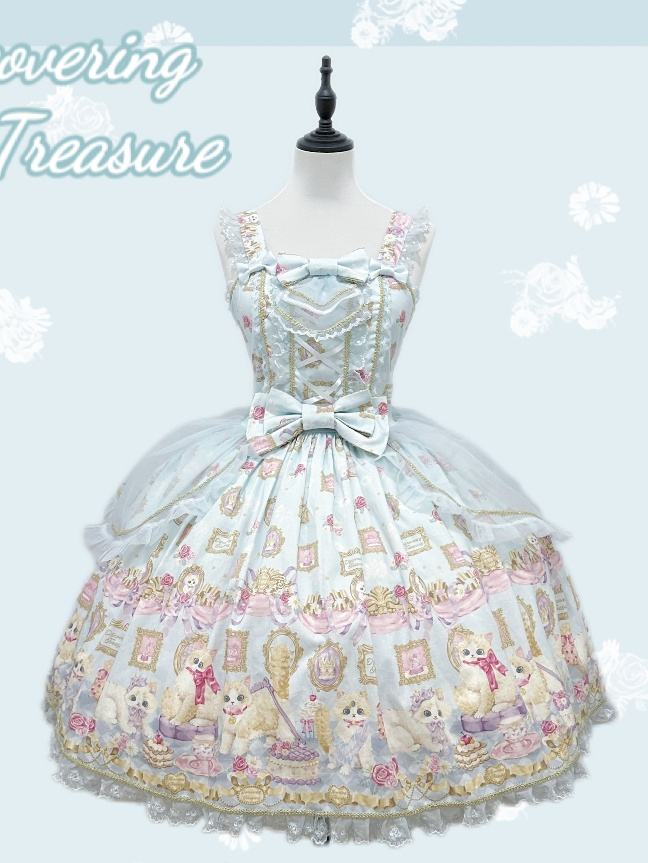 Discovering Treasure Picture Frame Cat Printed Lolita Dress