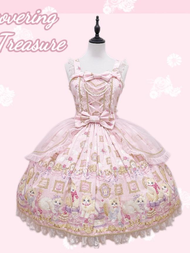 Discovering Treasure Picture Frame Cat Printed Lolita Dress