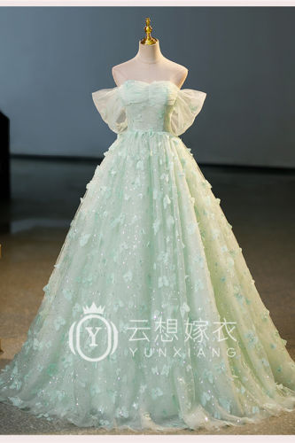 Green Off Shoulder Butterflies Applique Prom Dress