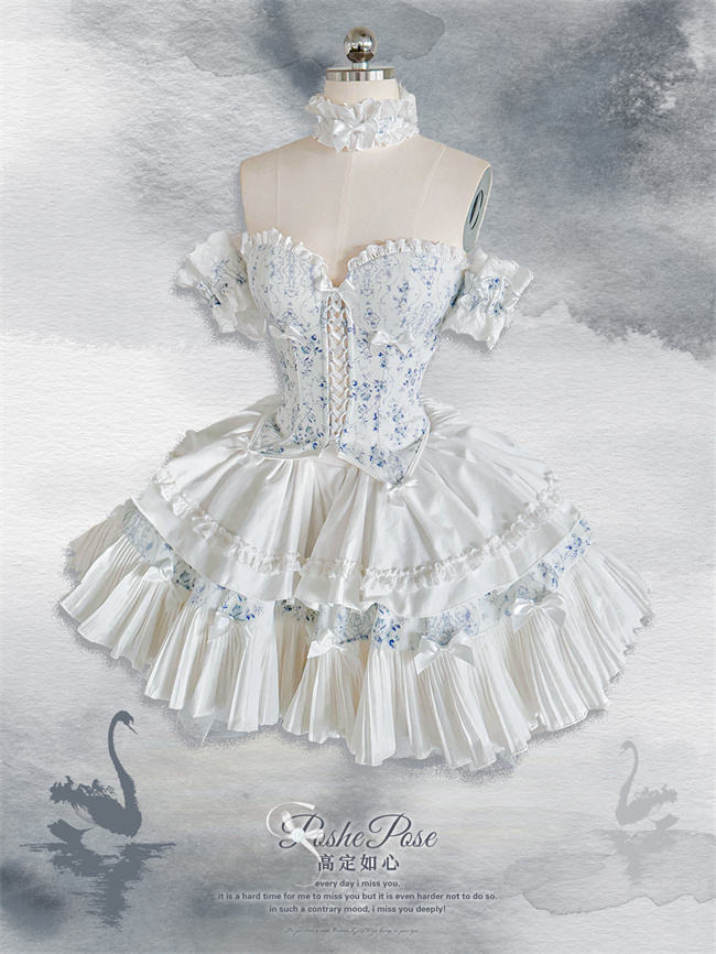 Poshepose Blue Procelain Print Corset Top and Skirt