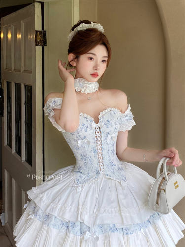 Poshepose Blue Procelain Print Corset Top and Skirt