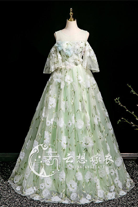 Flowers Off Shoulder Round Neck Prom Dress