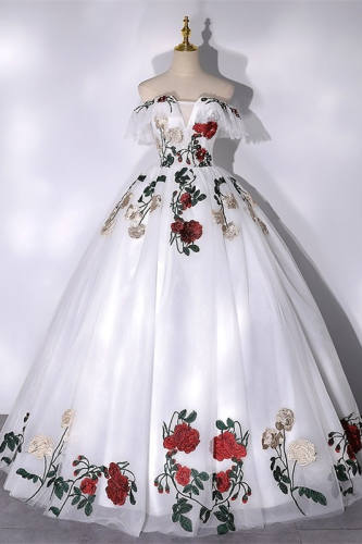 Roses Printed Off Shoulder Prom Dress