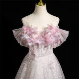 Sequined Flowers Puff Sleeves Prom Dress