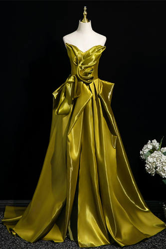 Gold Satin Tailing Prom Dress