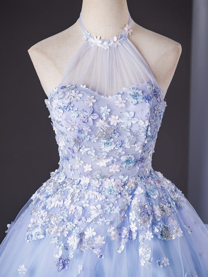 Blue Printed Fluffy Prom Dress