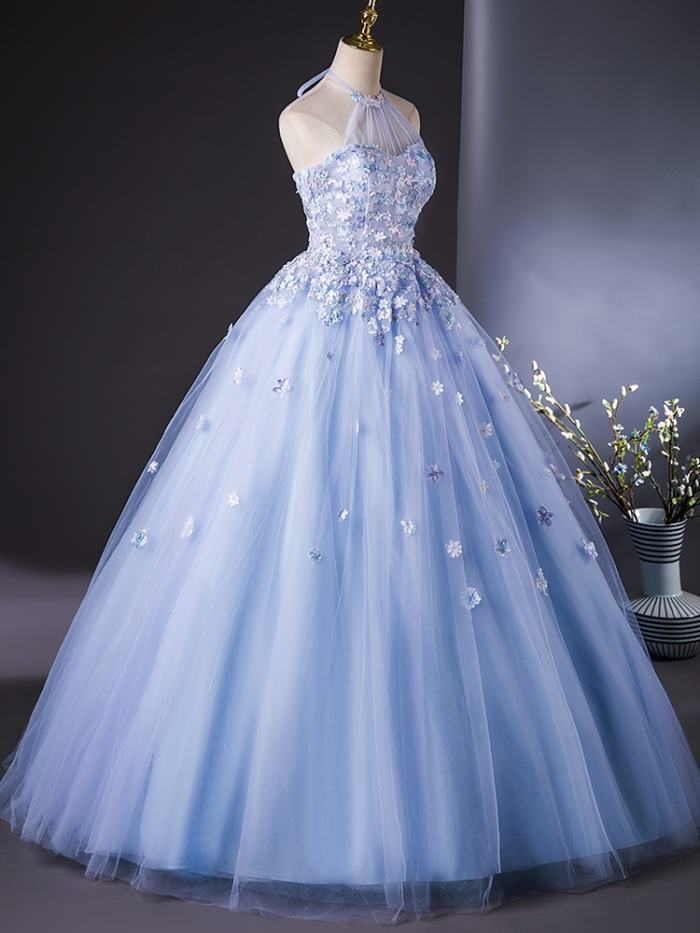 Blue Printed Fluffy Prom Dress