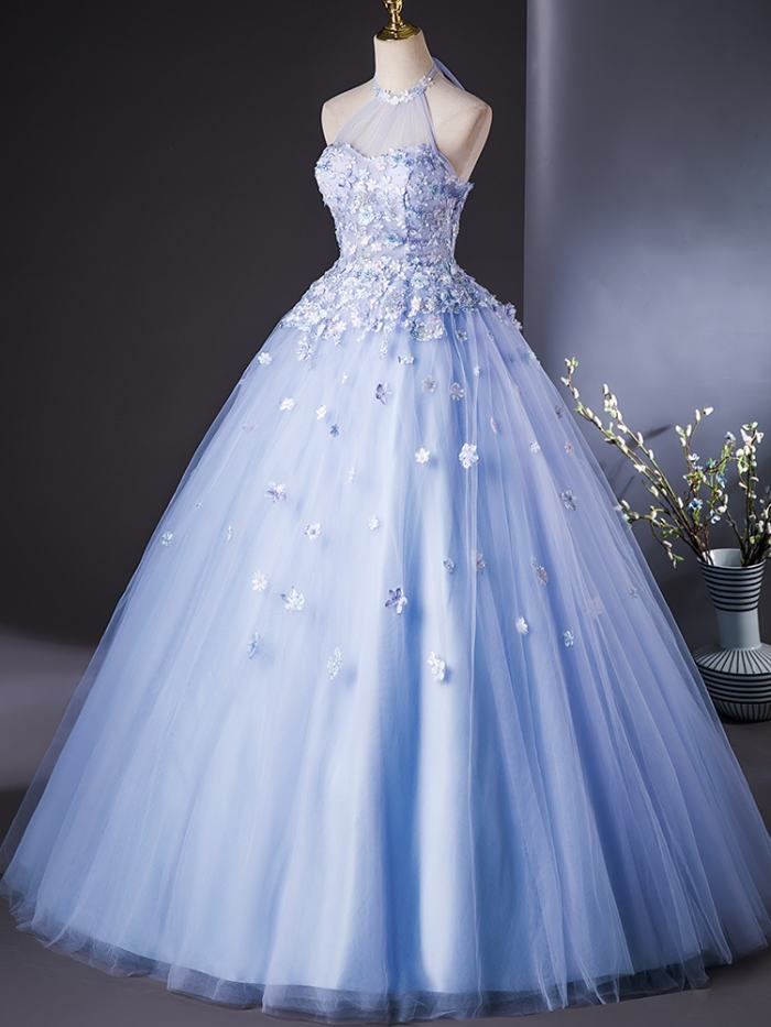 Blue Printed Fluffy Prom Dress