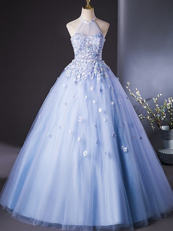 Blue Printed Fluffy Prom Dress