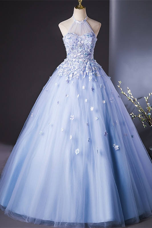 Blue Printed Fluffy Prom Dress