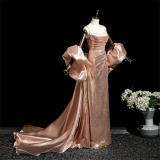 Champagne Pink Puff Sleeves Prom Dress