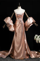 Champagne Pink Puff Sleeves Prom Dress