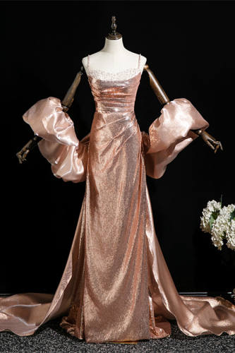 Champagne Pink Puff Sleeves Prom Dress