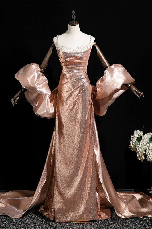 Champagne Pink Puff Sleeves Prom Dress