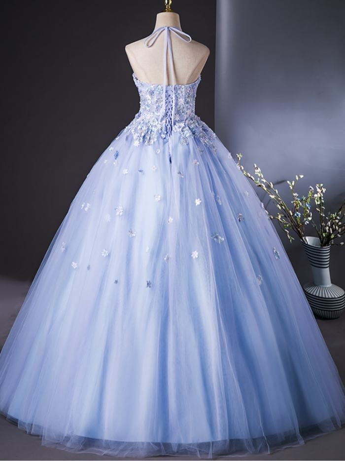 Blue Printed Fluffy Prom Dress