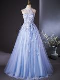 Blue Printed Fluffy Prom Dress