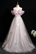 Sequined Flowers Puff Sleeves Prom Dress