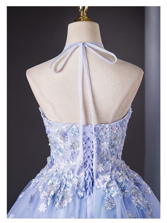 Blue Printed Fluffy Prom Dress