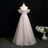 Sequined Flowers Puff Sleeves Prom Dress