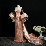 Champagne Pink Puff Sleeves Prom Dress