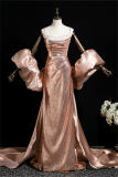 Champagne Pink Puff Sleeves Prom Dress
