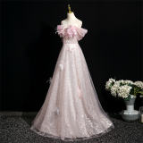 Sequined Flowers Puff Sleeves Prom Dress