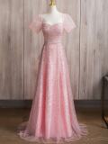 Sequins Puff Sleeves Slim Prom Dress