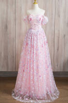 Pink Sequins Flowers Princess Prom Dress