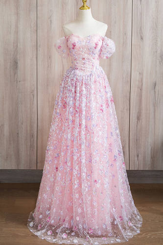 Pink Sequins Flowers Princess Prom Dress
